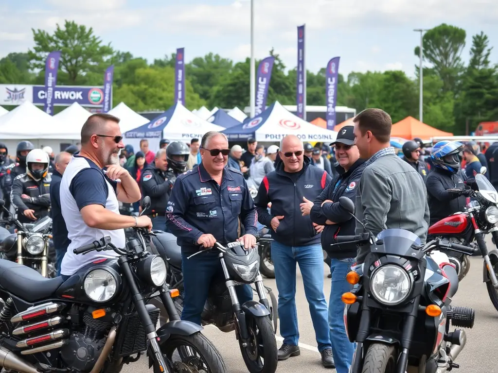 A photograph of participants gathered at a BMP BALADES MOTOS PASSION event, highlighting the social aspect and community spirit.