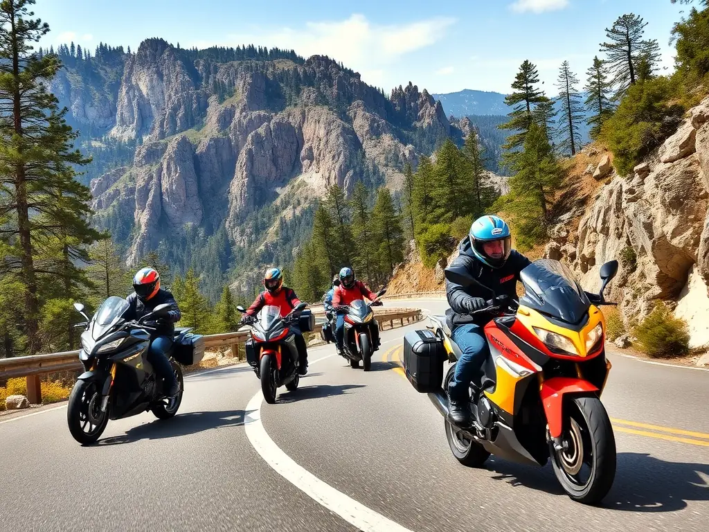 A group of motorcyclists riding through a winding mountain road, showcasing the scenic beauty and camaraderie of a BMP BALADES MOTOS PASSION outing.