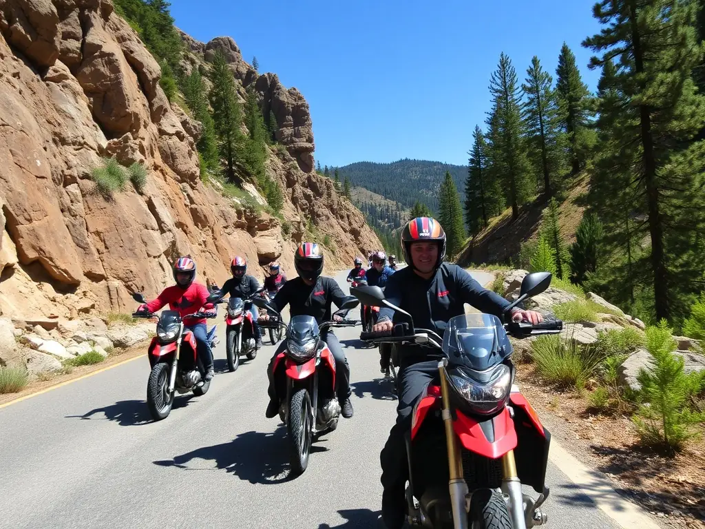 A group of motorcyclists riding through a scenic mountain pass, showcasing the camaraderie and adventure of BMP BALADES MOTOS PASSION's weekend rides.