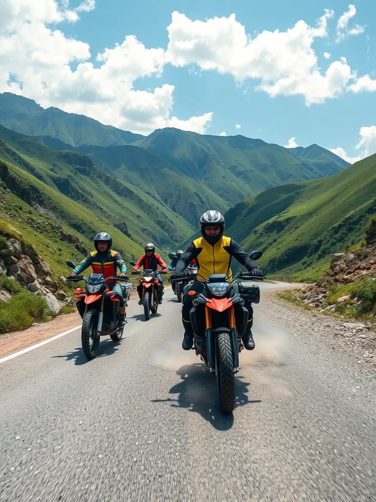 A scenic shot of a group of motorcyclists riding through a beautiful countryside landscape during a BMP BALADES MOTOS PASSION organized tour, showcasing the inclusive recreational opportunities.
