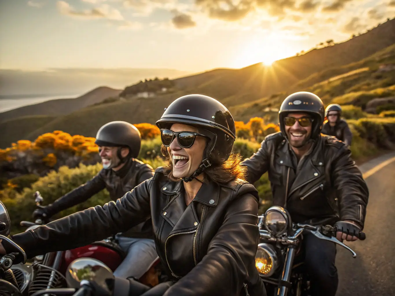 A group of BMP BALADES MOTOS PASSION members are gathered at a scenic overlook, laughing and pointing at the view, showcasing the camaraderie and shared enjoyment of nature during a club ride.