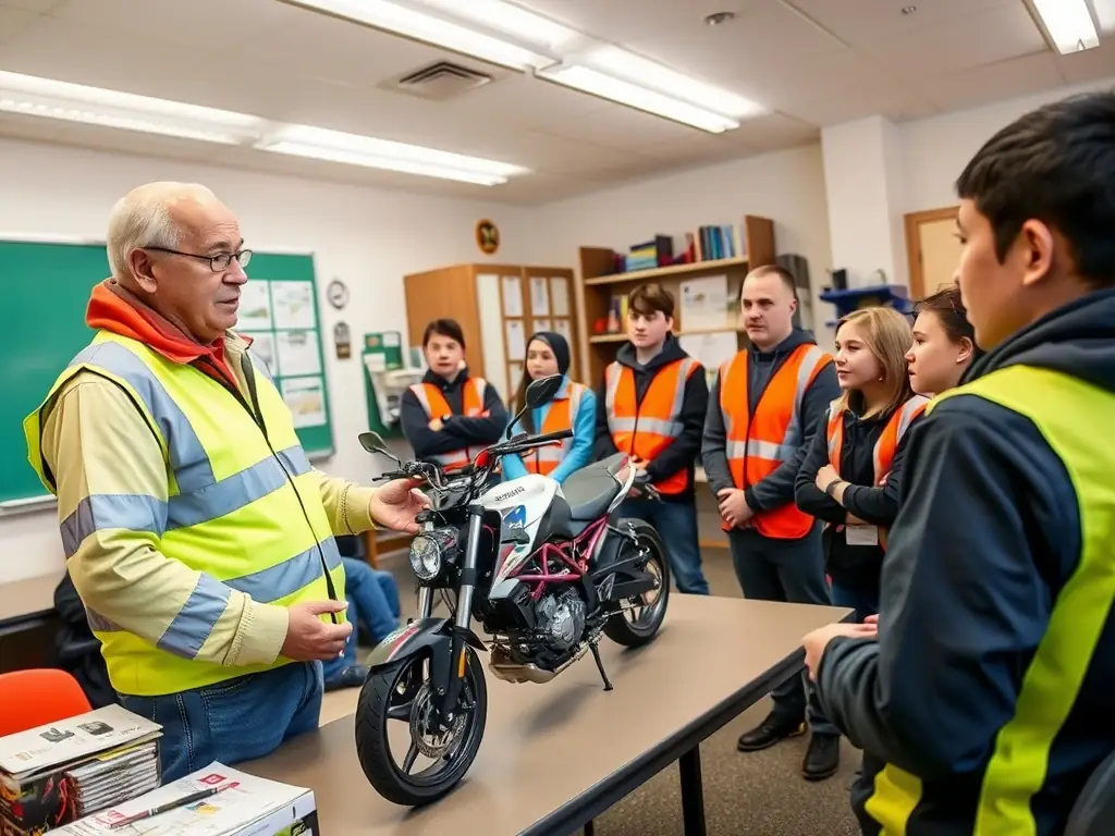 A BMP BALADES MOTOS PASSION instructor is demonstrating safe riding techniques to a group of attentive members in a parking lot, emphasizing the organization's commitment to safety.