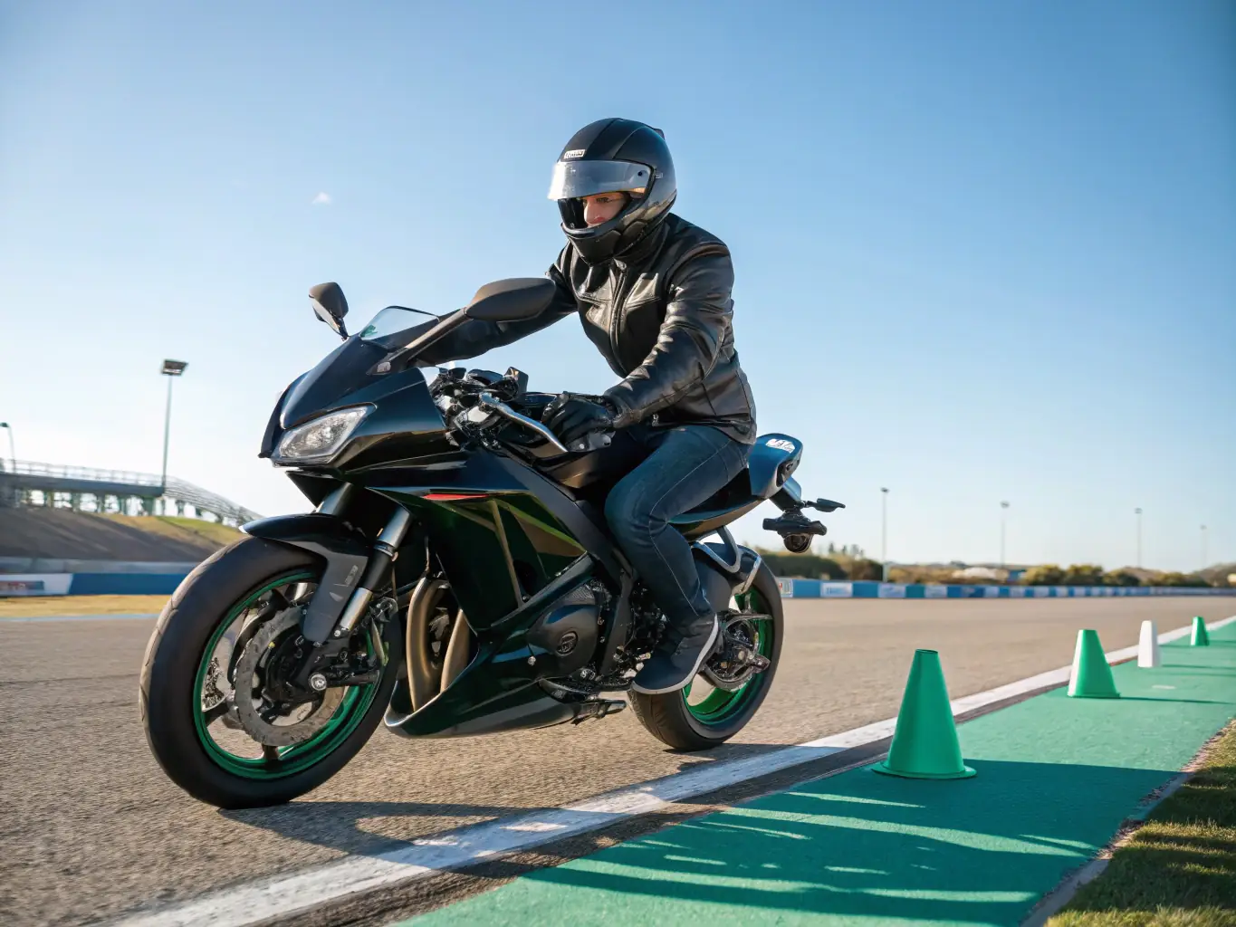 A motorcyclist participating in a safety workshop organized by BMP, demonstrating proper riding techniques and gear.