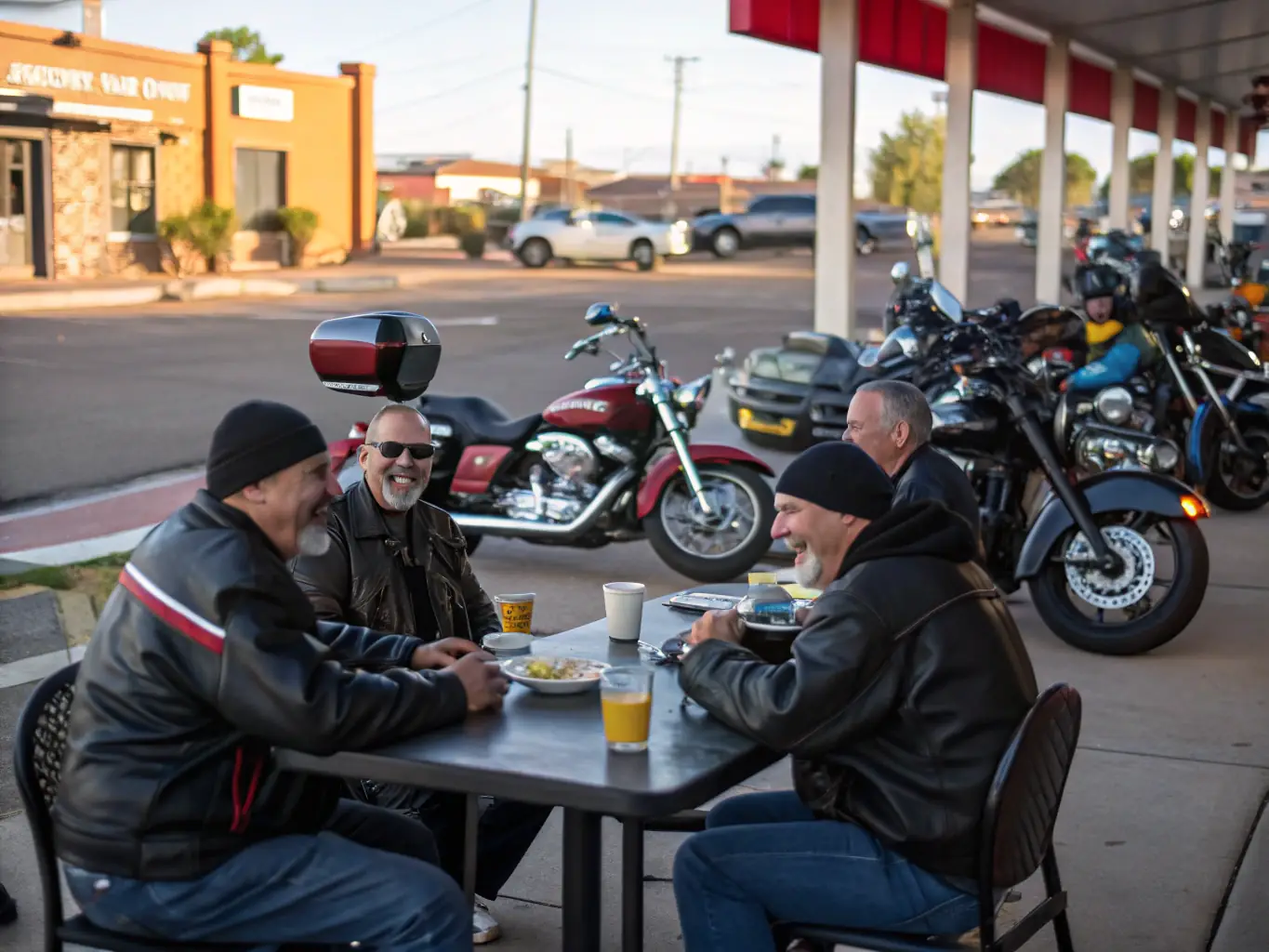 A photograph of participants gathered around motorcycles at a pit stop during a BMP BALADES MOTOS PASSION event, highlighting the social aspect and community engagement.