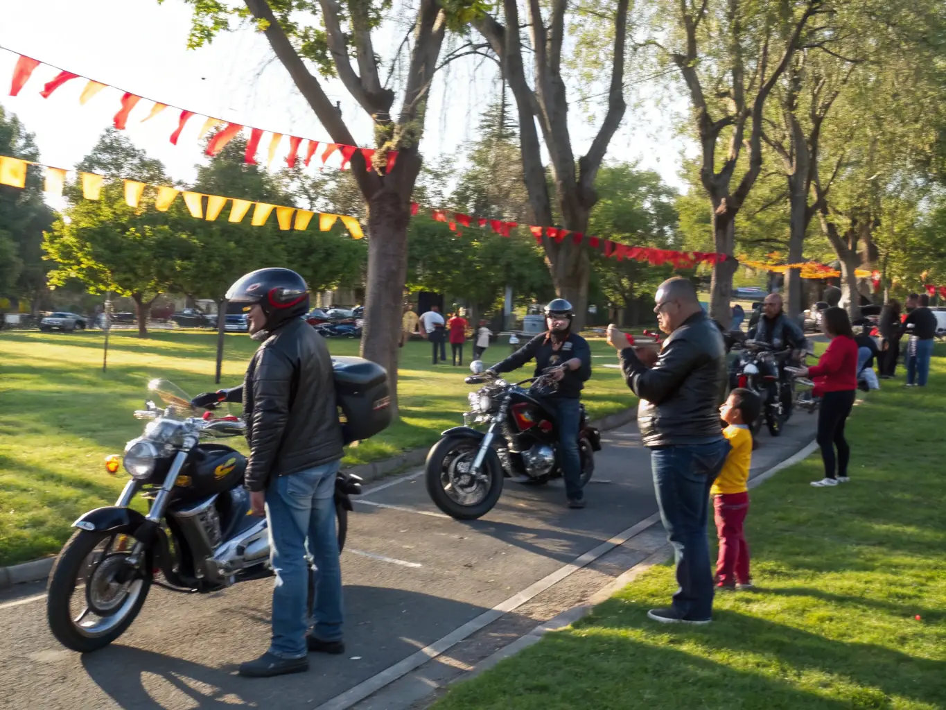 BMP BALADES MOTOS PASSION members are participating in a community event, handing out informational flyers and engaging with local residents, highlighting the organization's commitment to giving back.
