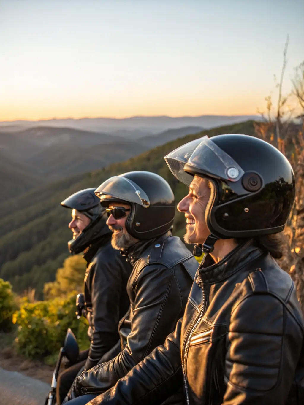 A group of motorcyclists laughing and chatting together at a scenic overlook during a BMP BALADES MOTOS PASSION ride, showcasing the camaraderie and social connections formed through the organization.