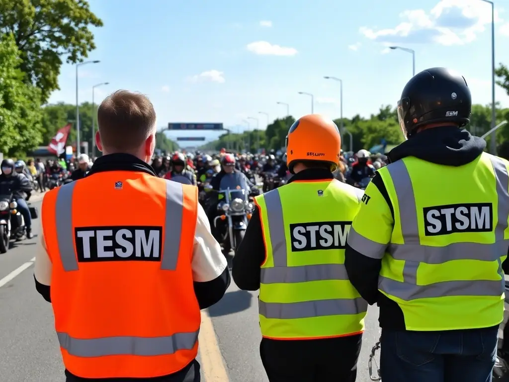 Volunteers assisting with traffic control and event logistics at a BMP BALADES MOTOS PASSION community event, highlighting the organization's commitment to safety and community engagement.