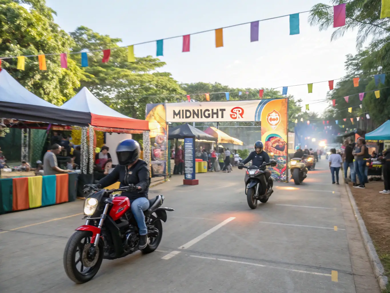 A photo of a community event organized by BMP, featuring motorcyclists and their families enjoying food, music, and motorcycle-related activities.